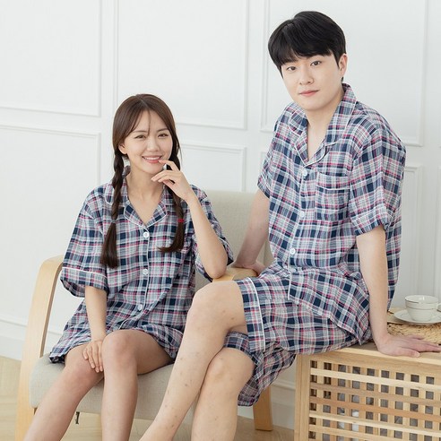 남여 커플 인견 카라 잠옷세트 라인체크