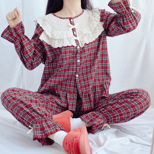 데코라멘 간절기 소피 프릴 체크 투피스 여성잠옷 파자마 홈웨어