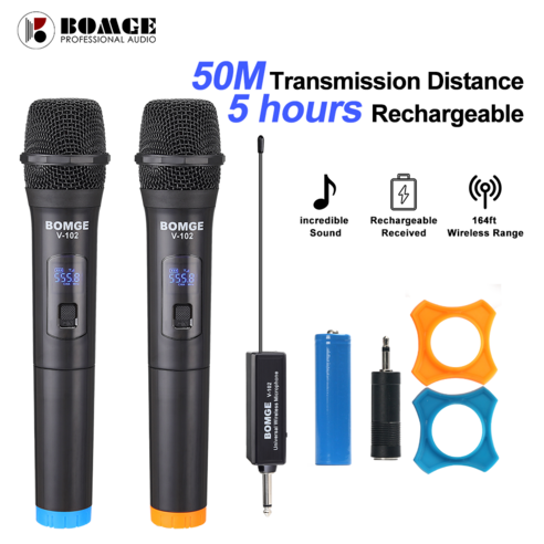 BOMGE V-102 VHF 3.5mm 6.35mm Wireless Microphone Handheld Mic Megaphone with Mini Receiver, BLACK, One Belt Two, V-102A