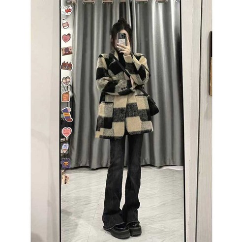 빈티지 체크무늬 모직 코트 여자 정장 루즈핏 겨울