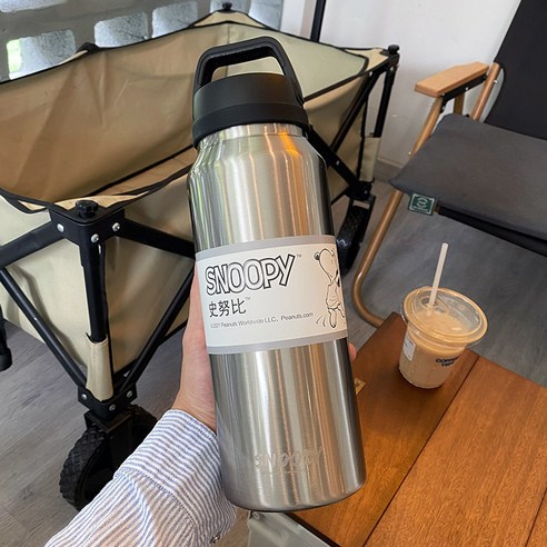 스누피 대용량304스테인레스 스틸 짚 보온병 컵, 실버 스누피 스포츠 에디션, 1400ML