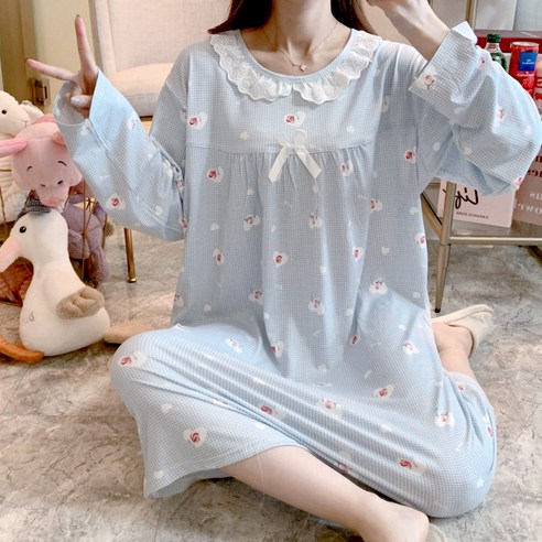 [또온나] 원피스 잠옷 여성 홈웨어 꽃잎 하트 프린팅과 리본 프릴 디테일의 귀여운 파스텔톤 공주풍 체크 파자마 CW프릴