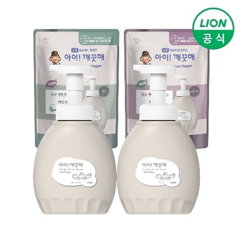 라이온코리아 [라이온] 아이깨끗해 핸드워시 프리미엄 클린비건 용기 450ml + 리필 400ml (무향/피오니향 택1), 피오니향