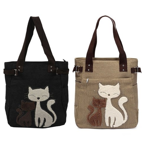 귀여운 고양이 작은 쇼핑 어깨 가방 카키 & 블랙이있는 2 개 여성 메신저 핸드백 캔버스 가방