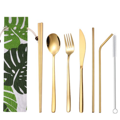 DFMEI 304 스테인레스 스틸 나이프 포크 숟가락 스트랩 휴대용 세트 야외 여행 스토리지 식기 젓가락 숟가락 조합\, DFMEI 거북이 - 골드 7 세트\