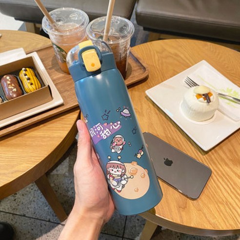 신상품 커버 스트랩 빨대 스테인리스 스틸 텀블러 하이비주얼 학생 물컵 휴대용 진공컵서브 커플 선물, 라지네이비_350-500ml