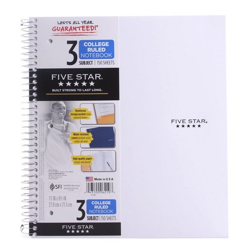 파이브스타 컬리지 룰드 노트북, White, 150매입