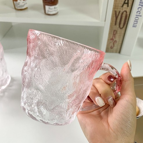 DFMEI 빙하 줄무늬 유리 컵 그라디언트 젖빛 높은 가치 가정용 여성용 식수 컵 주스 커피 컵, DFMEI 그라디언트 핑크 짧은