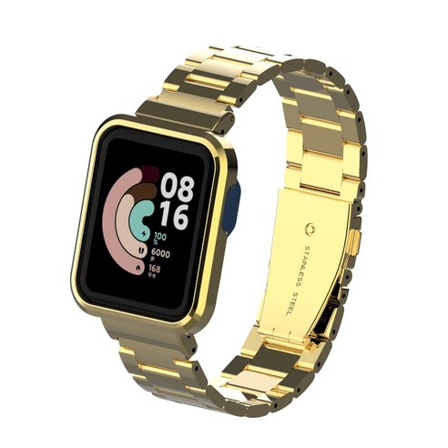 케이스 + 스트랩 Xiaomi Mi Watch Lite 스테인레스 스틸 금속 팔찌 Redmi 시계 스트랩 손목 밴드 시계 밴드 Mi Watch Lite, Gold, for Mi Watch Lite