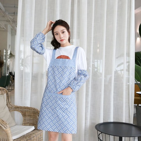 DFMEI 더블 앞치마 밀크티 숍 멜빵 주방 방모녀 앞치마, 바게트 민소매 앞치마 라이트블루+라글란