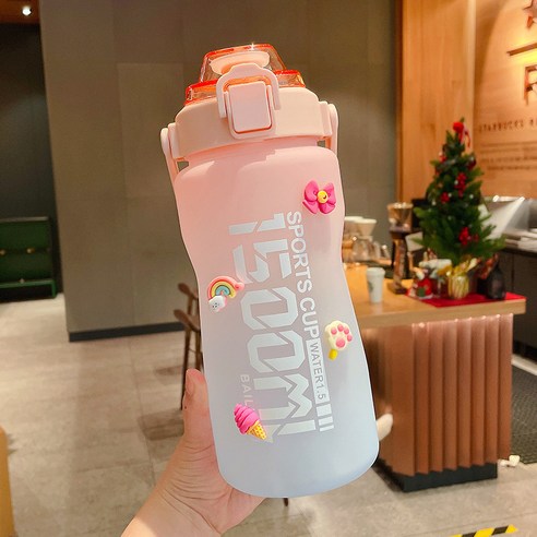 DFMEI 그라데이션 물병 2000ml 물컵 초고용량 2L 헬스 하루 물주전자 여름컵 자녀, 파우더 블루 + 무작위 스티커 + 임의의 부속품, 1500ml.