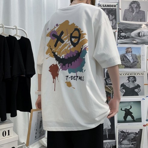 KORELAN |개성 낙서 반팔 티셔츠 남성 면 일계 여름 트렌드 루즈핏 부랑자 봄 반팔
