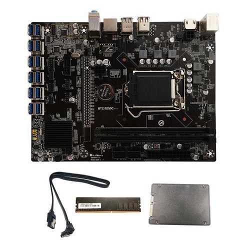 AFBEST B250C BTC 마이닝 마더보드 DDR4 4GB 2133MHZ RAM + 120G SSD 케이블 12XPCIE - USB3.0 카드 슬롯 LGA1151 BTC용, 검은 색