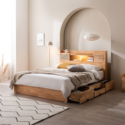 [삼익가구]앤디스 LED 4단 수납 원목 침대(파워 본넬스프링 매트리스-퀸), 내추럴