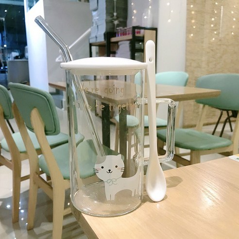 DFMEI 캐릭터 대용량 유리잔 뚜껑 스푼 남녀 아침 우유 시리얼 오피스 홈컵, DFMEI 새끼 고양이【도자기 뚜껑 스푼 빨대】