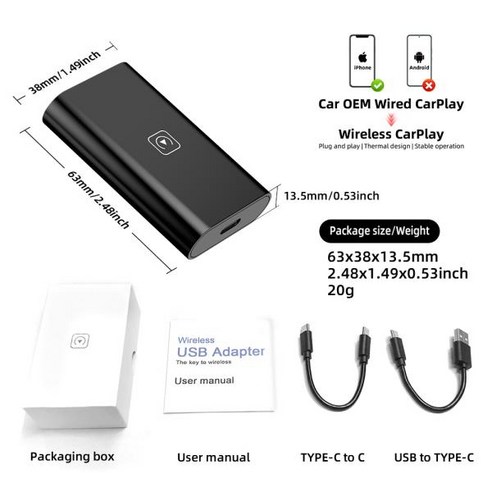 TIMEKNOW 무선 카플레이 어댑터 애플 아이폰용 유선-무선 동글 플러그 앤 USB 연결 자동차, 01 블랙, 1개