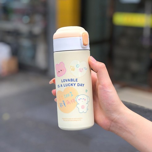 [LM] 380ml 귀여운 곰 보온병 스테인레스 스틸 보온 만화 스포츠 차 보온병 빨대, {"크기":"380ml"}, Yellow