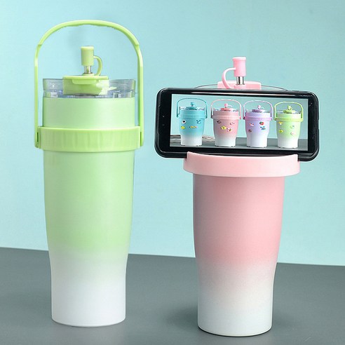 1.2L그러데이션 컬러 진공 스텐 냉온 텀블러 휴대용얼음컵 커피잔 자동차컵40oz+3D 입체 스티커, 그러데이션 그린, 1200ml, 2개