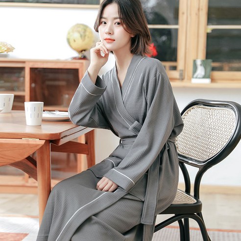 DFMEI-Y 호텔 커플 잠옷 여성 긴 면화 목욕 가운 남성 얇은 와플 잠옷 피부 친화 흡수성 빠른 건조 목욕 가운, M 적합 [80-120 진], DFMEI 회색