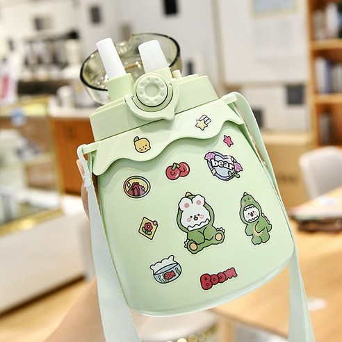 [LM] Kawaii 점보 파스텔 스티커 보온병 스테인레스 스틸 보온병 타임 마커 선물, {"크기":"800ml"}, Green B