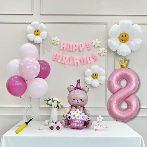 연지마켓 데이지 곰돌이 생일 파티 숫자 풍선 가랜드 세트, 8, 1세트, 베어 핑크 8