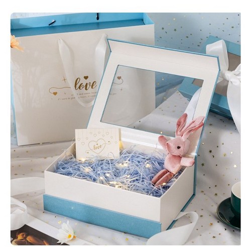 선물포장박스 큰 포장 창의 생일 짝수 선물포장박스 포장 빈 상자 ins풍 선물포장박스, 블루 윈도우, {"규격":"스몰 박스+선물 꾸러미"}