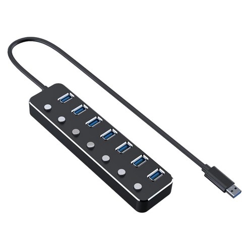 노 브랜드 알루미늄 합금 7 포트 USB 3.0 허브 하위 제어 스위치 60 케이블 최대 5Gbps 분배기(EU 플러그) 블랙, 검은 색