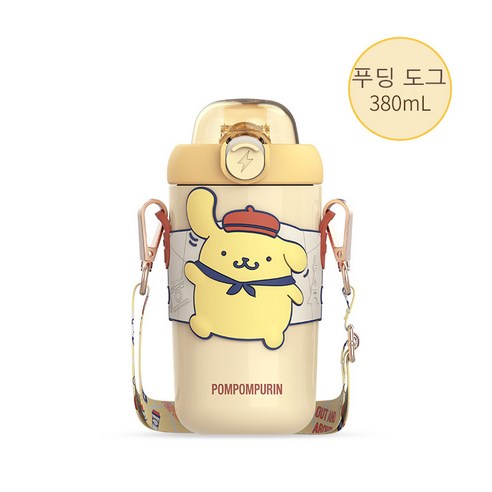 GOYES 산리오 텀블러 마이멜로디 시나모롤 쿠로미 귀여운 캐릭터 물병, 380ml, 옐로우 폼폼푸린