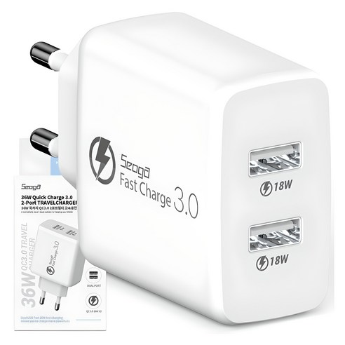 서가 36W 퀵차지 QC3.0 2포트 멀티 18W+18W 동시 USB 고속 충전기, 화이트, 1개