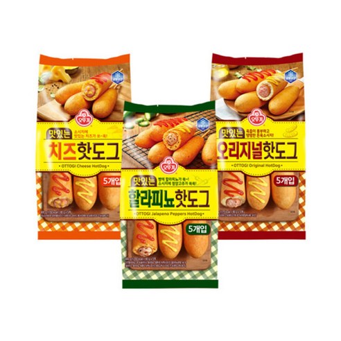 오뚜기 맛있는 핫도그 3가지맛 혼합세트(각 5입X3봉) /치즈+오리지널+할리피뇨, 오뚜기 핫도그 (각 5입X3봉) 치즈+오리지널+할리피뇨, 400g