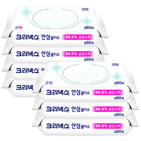 크리넥스 안심 물티슈 캡형, 60매, 8팩