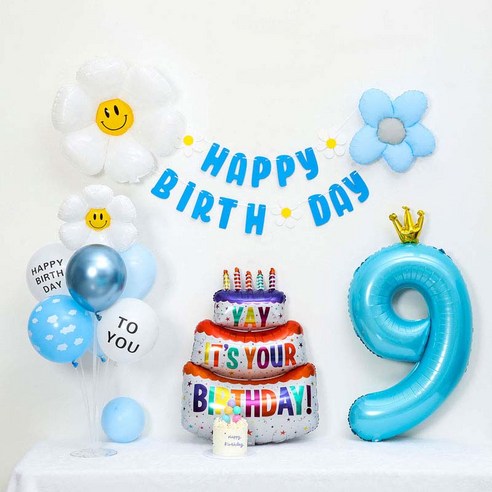 [피앤비유니티] 캐릭터무광데이지 생일케익풍선세트 스탠드형, 06-09)무광데이지생일풍선세트 9 블루, 1세트