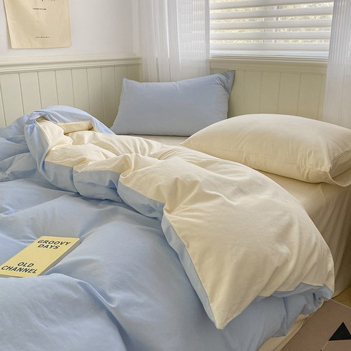 인스타그램 한풍 크림 더블 순면8미터 침대 시트 소녀 침대용품, 하늘+베이지