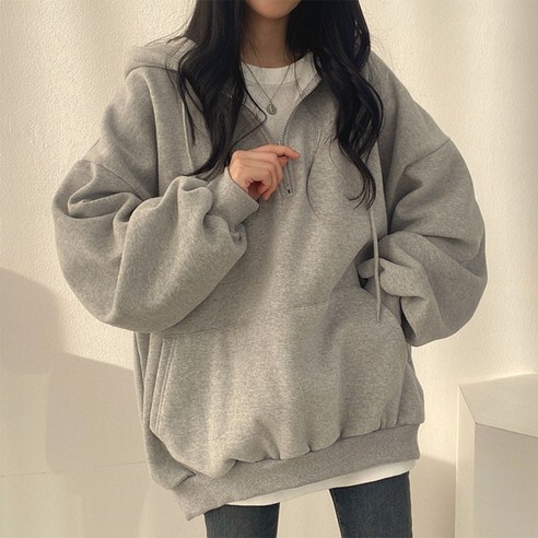 UPPERCUT 여성 데일리 오버핏 반집업 후드티 (일반/기모 선택)