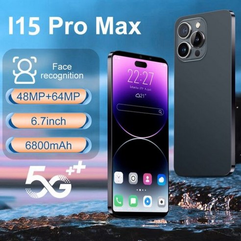 I15 프로 맥스 스마트폰 6.7 인치 풀 스크린 페이스 ID 16GB + 1TB 휴대폰 글로벌 버전 4G 5G 휴대폰 신제품, 블랙 16GB 1TB