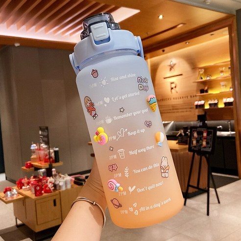 [SW] 2L 대용량 물병 밀짚 컵 고온 플라스틱 물 컵 시간 규모 서리로 덥은 야외 스포츠 커플 컵, 색깔10, 2L   64OZ