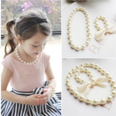 크림리본 어린이 진주 목걸이 팔찌 세트 여아 유아 악세사리