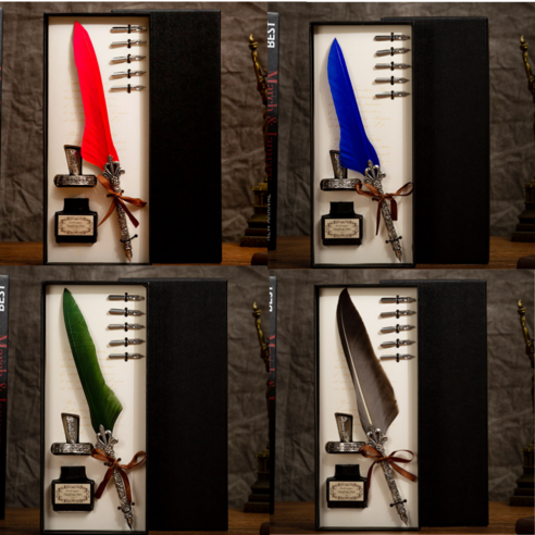 쇼피 유럽 복고풍 잘써지는 깃털 만년필, 올리브