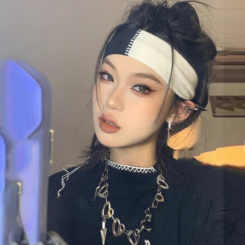 DFMEI 데일리 외출 스트랩녀 세면 니트 쿨 스트리트 헤어밴드 여 와이드 단발 헤어, DFMEI 흑백충색