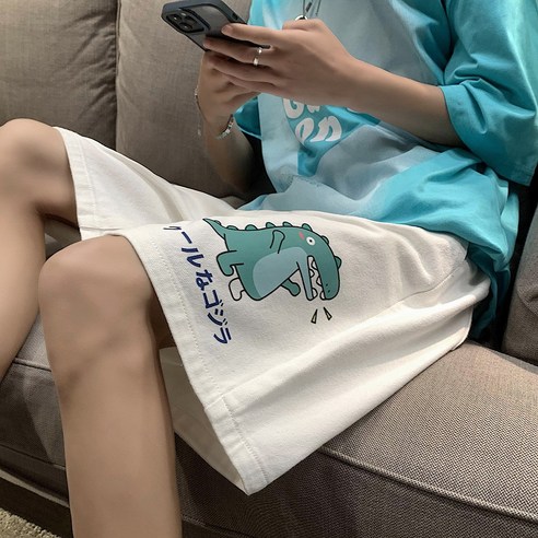 DFMEI.캐릭터 공룡 반바지 와이드 스트레이트 5부 트레이닝 팬츠 여름 커플 비치 팬츠