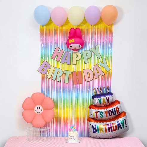 [피앤비유니티]스마일데이지 풍선스탠드 생일장식커튼세트 펌프포함, 1세트, 08)마이멜로디기본형마카롱커튼세트