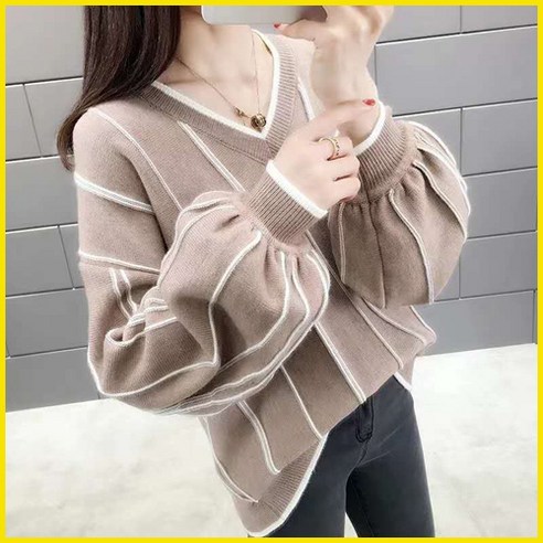 vaviola 바비올라 브이넥 스트라이프 니트 티셔츠_UST1173_니트티143