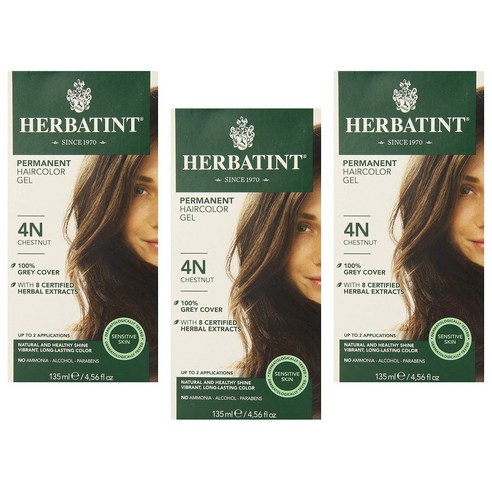 허버틴트 퍼머넌트 허벌 모어 컨디셔닝 래스팅 헤어컬러 젤 135ml 글루텐 프리, Chestnut, 3개