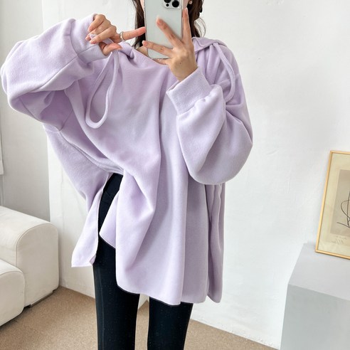 (77가능) 보송 브러쉬 벌룬 소매 오버핏 브이 후드넥 트임 롱 티셔츠 4color