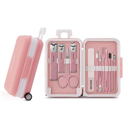 귀여운 캐리어 디자인 손톱깎이 12종 세트 Manicure Set of 12, 1개, 핑크