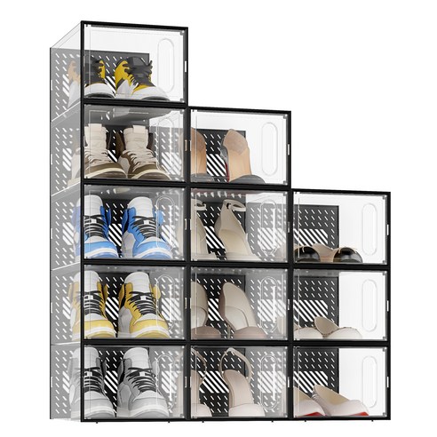 JOISCOPE 고투명 PP 자석 신발 상자 휴대가 간편한 스택형 다기능 홈 오피스용, 12개, 검은색