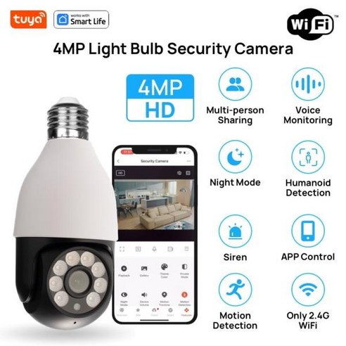 Tuya 스마트 와이파이 전구 보안 카메라 실내 및 실외 풀 컬러 주야간 모션 감지 알람 앱 제어 E27 4MP 2K, 한개옵션0