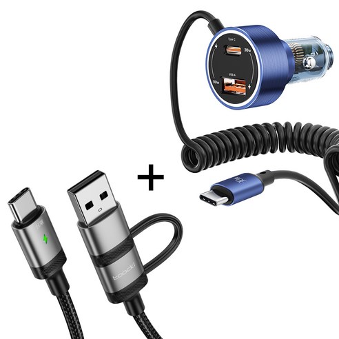 Toocki 60W PD3.0+QC3.0+Type-C 3 in 1 반투명 고속 차량용 충전기, 블루, TQ-CC26B