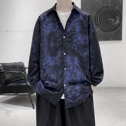 DFMEI 홍콩풍 남성복 가을 긴팔 셔츠 남 루즈핏 그래피티 프린트 루즈핏 셔츠 캐주얼