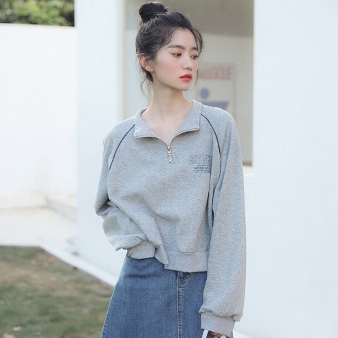 DFMEI 가을 모두 편지 짧은 지퍼 스웨터 폴로 칼라 버블 슬리브 탑 여성 회색 신선한 초가을 긴 소매